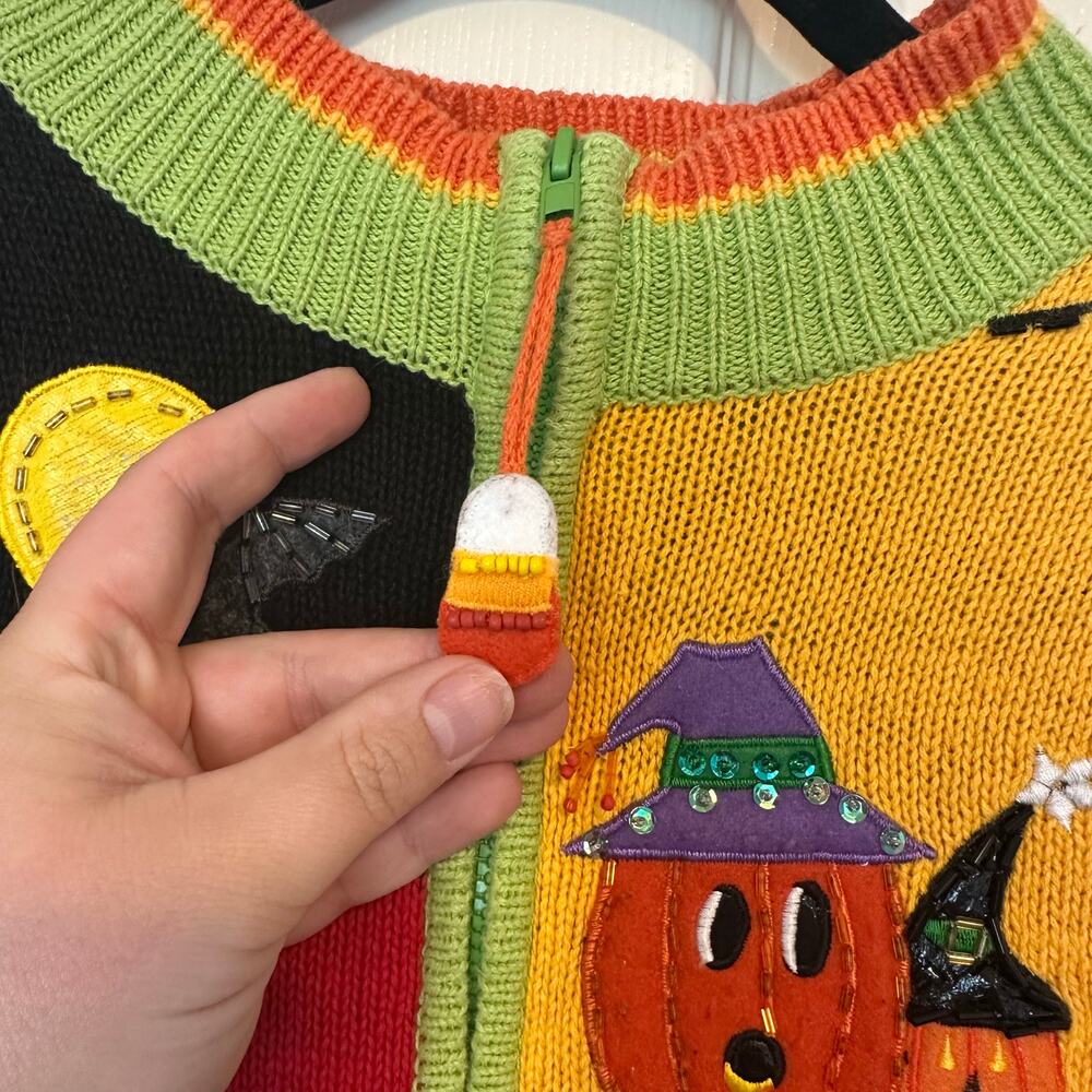 Vintage Tiara Halloween Zip Up Sweater Vest Size XL Embroidered Beaded 90s - Picture 5 of 13
